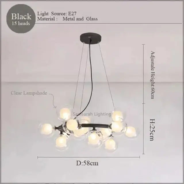 Black metal and glass decorbites led glass chandelier pendant lamp with 15 clear lampshades for living room lighting