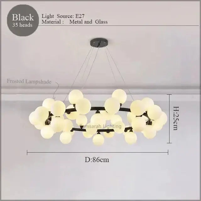 Black metal and glass DecorBites LED glass chandelier pendant lamp with 35 frosted lampshades for living and dining rooms