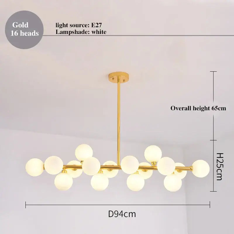 Gold decorbites led glass chandelier pendant lamp with 16 white spherical lampshades for living room lighting