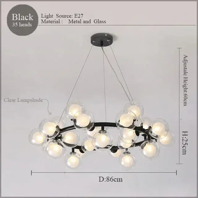 Black metal decorbites led glass chandelier pendant lamp with 35 clear glass globes for living room lighting