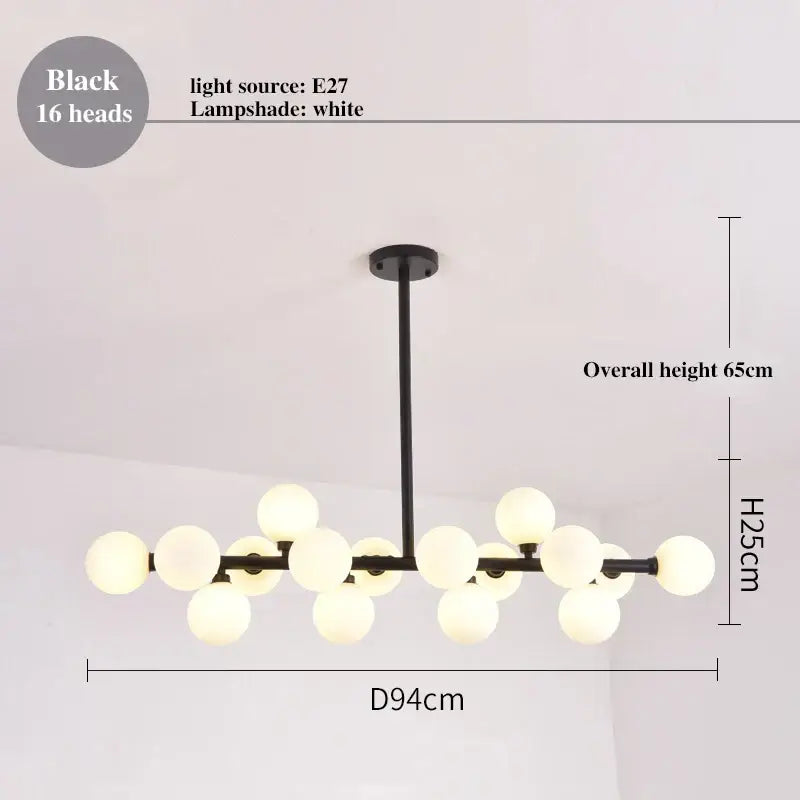 Black modern decorbites led glass chandelier pendant lamp with 16 white spherical lampshades for living room lighting