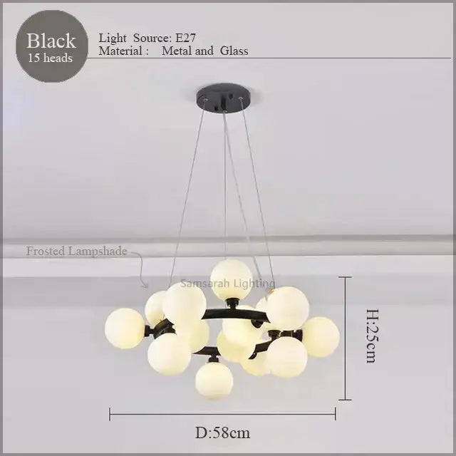 Black metal and glass decorbites led glass chandelier with 15 frosted lampshades pendant lamp for living room lighting