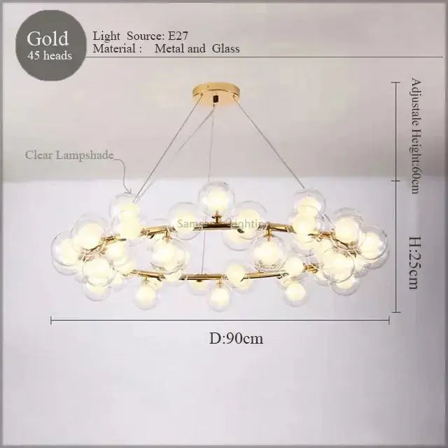 Gold pendant lamp decorbites led glass chandelier with 45 clear glass lampshades metal frame for living room lighting