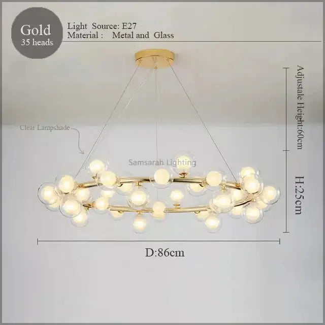 Gold DecorBites led glass chandelier pendant lamp with 35 clear glass lampshades and metal frame for living room lighting