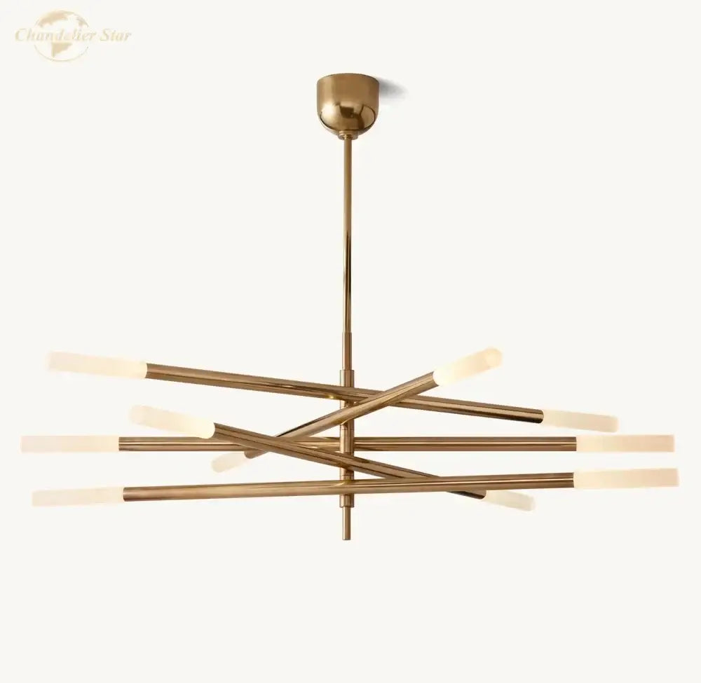 Brass-finished decorbites led glass chandelier with intersecting rods and frosted glass for modern pendant lighting
