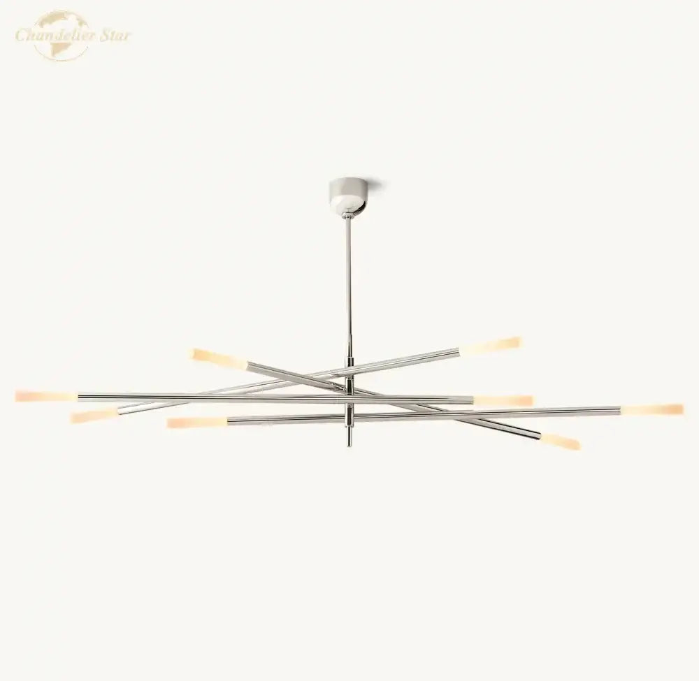 Modern chrome finish decorbites led glass chandelier with intersecting etched rods and warm light fixtures for dining room