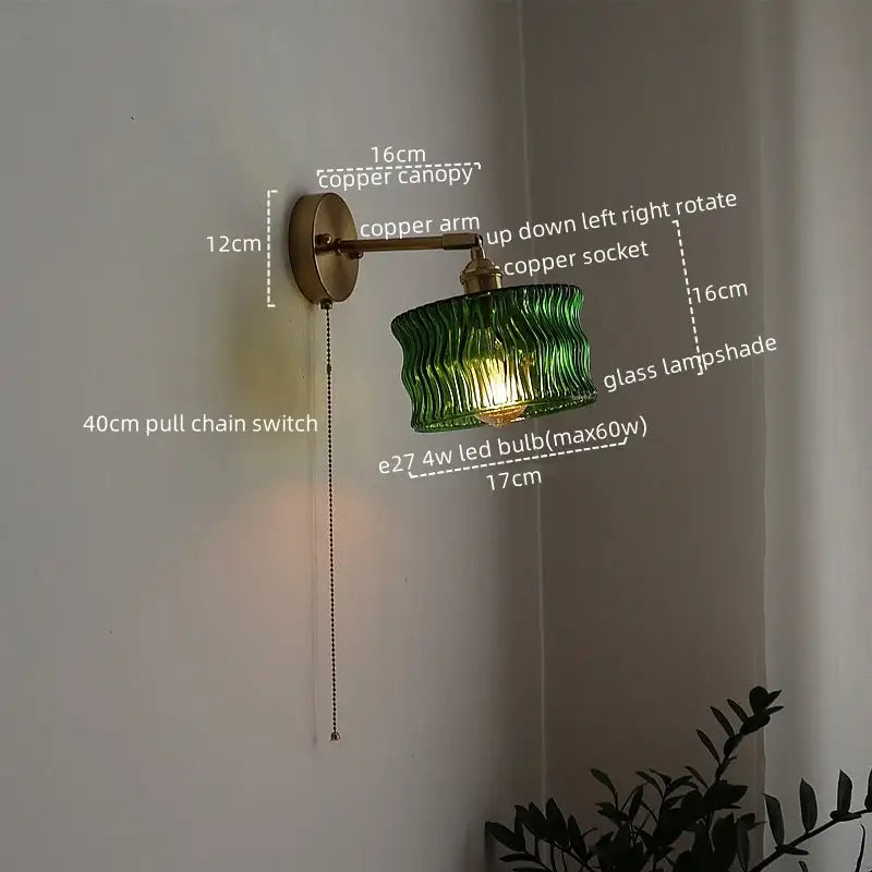 DecorBites™ LED green ribbed glass wall sconce with copper arm and pull chain switch for bedroom or living room
