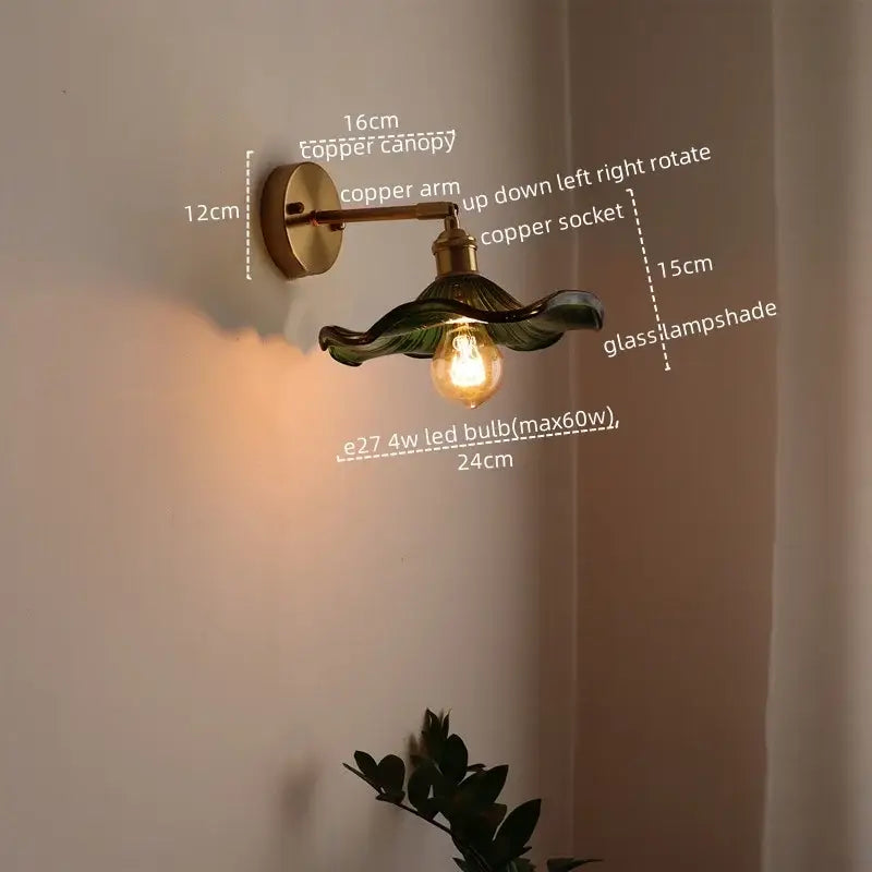 DecorBites™ LED copper wall sconce with green leaf glass lampshade and pull chain switch for bedroom or living room