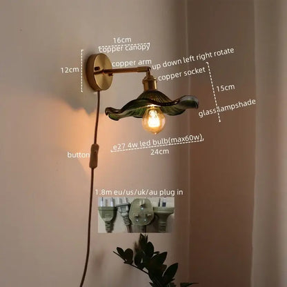 DecorBites™ vintage wall sconce with green glass shade copper arm and pull chain switch for bedroom lighting