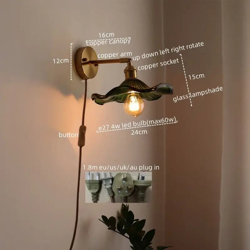 DecorBites™ vintage wall sconce with green glass shade copper arm and pull chain switch for bedroom lighting