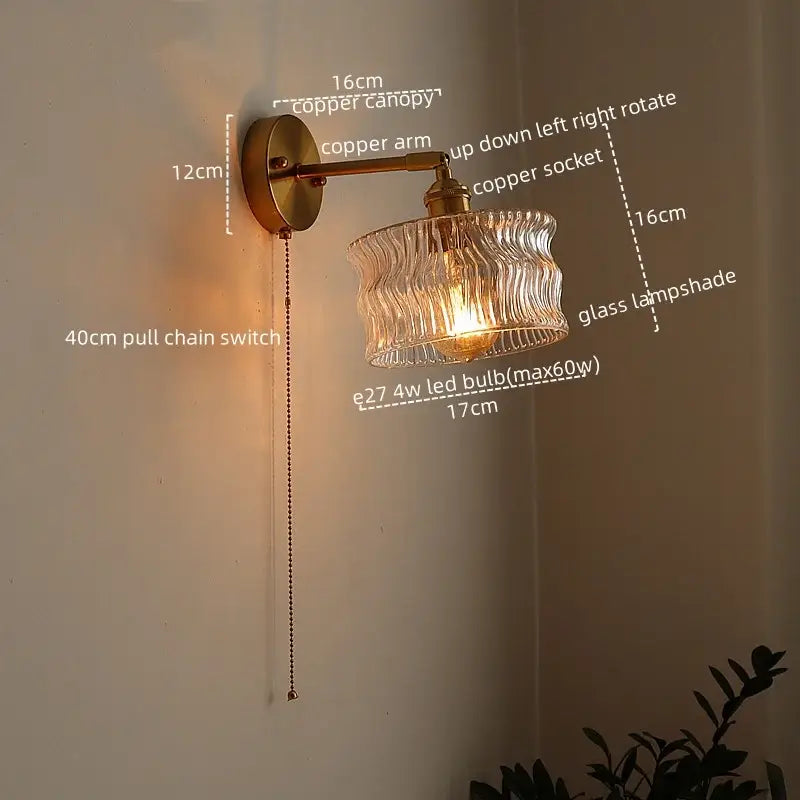 Decorbites™ copper wall sconce with textured glass lampshade and pull chain switch for bedroom or living room lighting