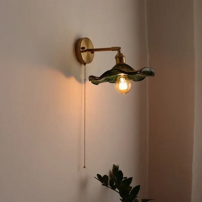 Decorbites™ brass wall sconce with green leaf glass shade and pull chain switch for bedroom or living room lighting