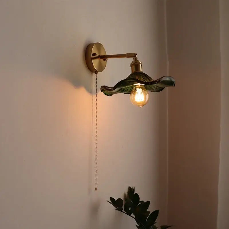 Decorbites™ brass wall sconce with green leaf glass shade and pull chain switch for bedroom or living room lighting