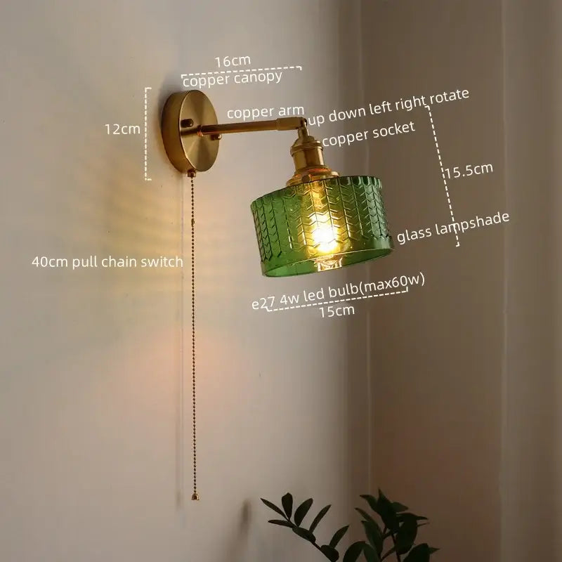 DecorBites™ green glass wall sconce with textured pattern mounted on copper arm and pull chain switch for bedroom