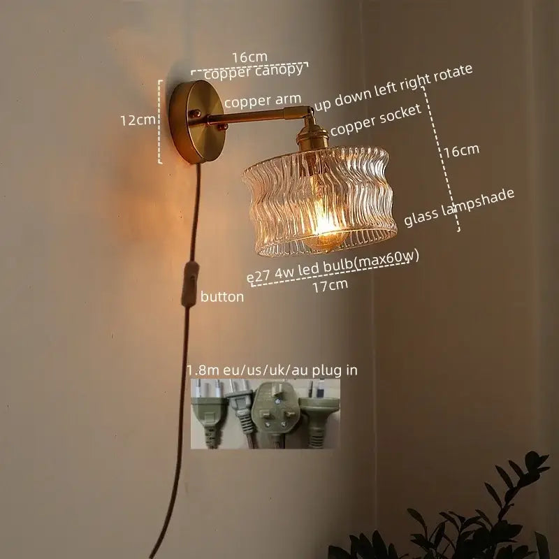 Decorbites™ led copper wall sconce with textured glass lampshade and pull chain switch for bedroom or living room