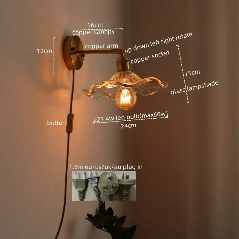 DecorBites™ copper wall sconce with glass lampshade and elegant waves featuring pull chain switch for bedroom lighting