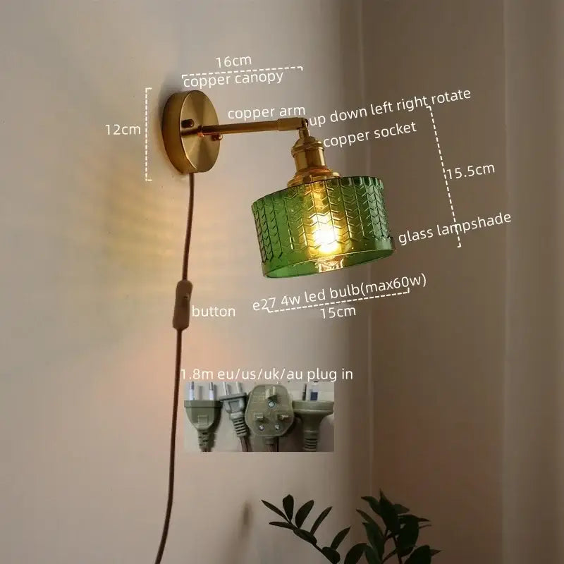 Green textured glass lampshade wall sconce with brass copper arm and pull chain switch for bedroom and living room