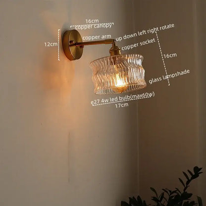 Decorbites™ led glass copper wall sconce with textured clear glass and pull chain switch for bedroom living room
