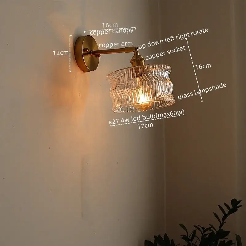 Decorbites™ led glass copper wall sconce with textured clear glass and pull chain switch for bedroom living room