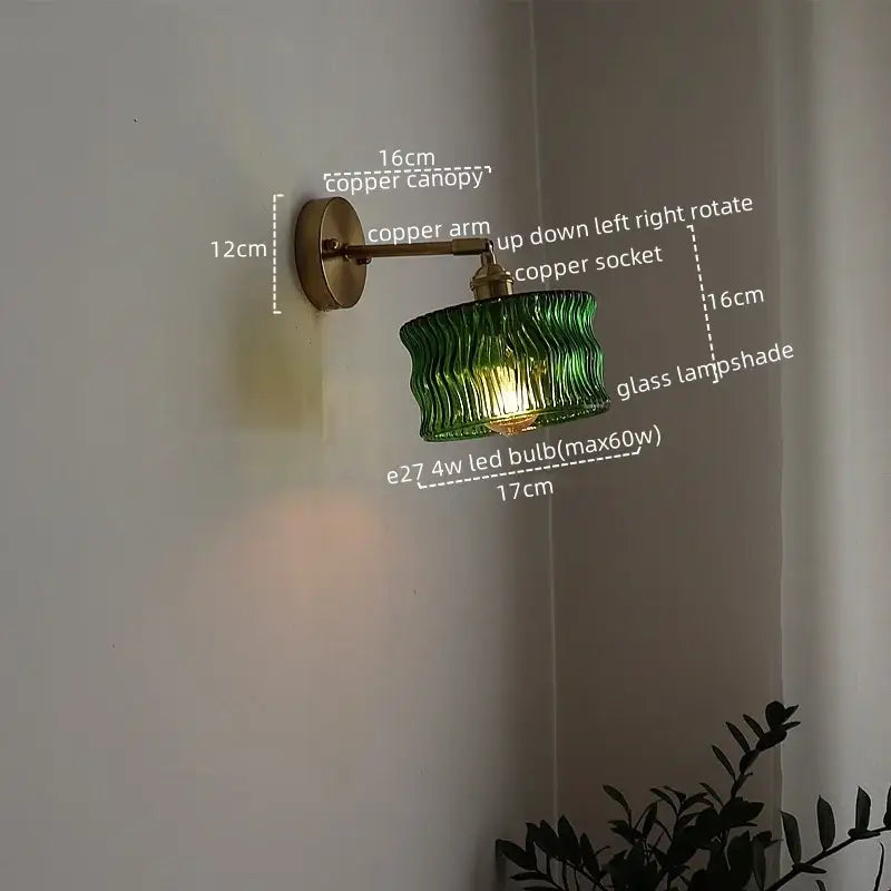 Green ribbed glass lampshade wall sconce with copper arm and pull chain switch for bedroom living room decor