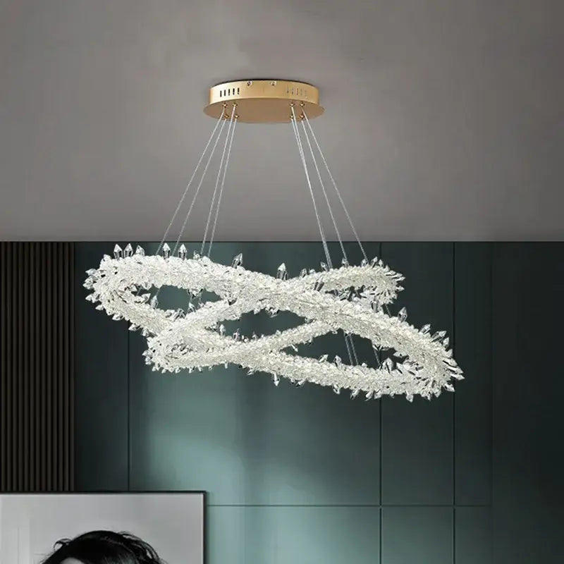 DecorBites led glass crystal chandelier with infinity design clear crystals and gold-toned ceiling mount for home decor