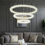 Decorbites led glass crystal chandelier with cascading glass crystals and sleek metallic frame in white lustre finish