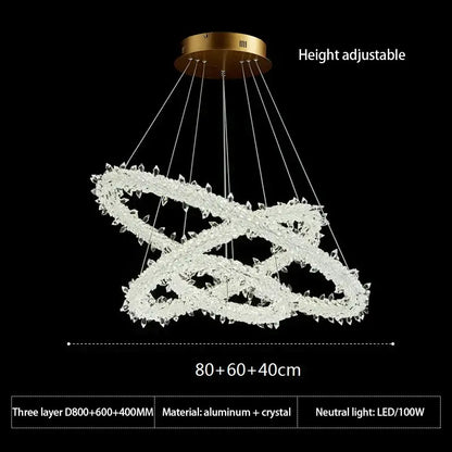 DecorBites led glass crystal chandelier with three interlocking rings in white lustre and gold-toned aluminum mount