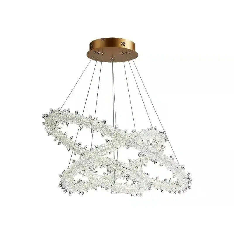 DecorBites™ LED glass crystal chandelier with double-ring design, clear crystals, and gold-toned ceiling mount