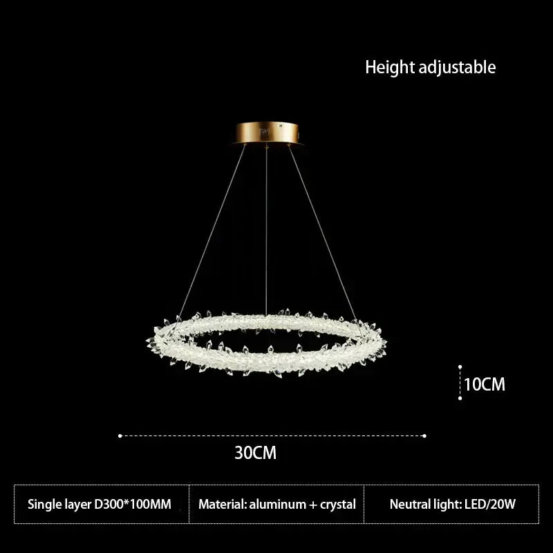 DecorBites™ led glass crystal chandelier white lustre pendant light with gold mount and clear crystal bead ring emitting neutral led light