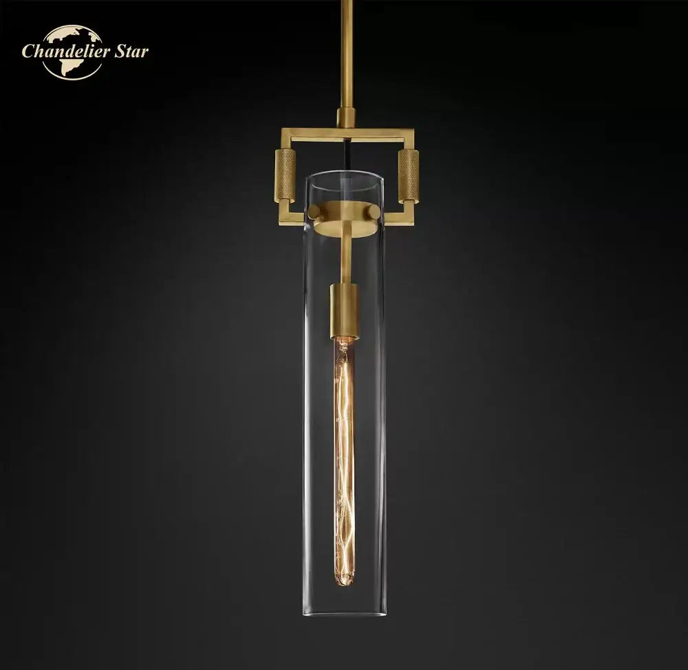 Gold-toned decorbites led glass cylinder pendant lights with clear glass shade and exposed filament for modern kitchens