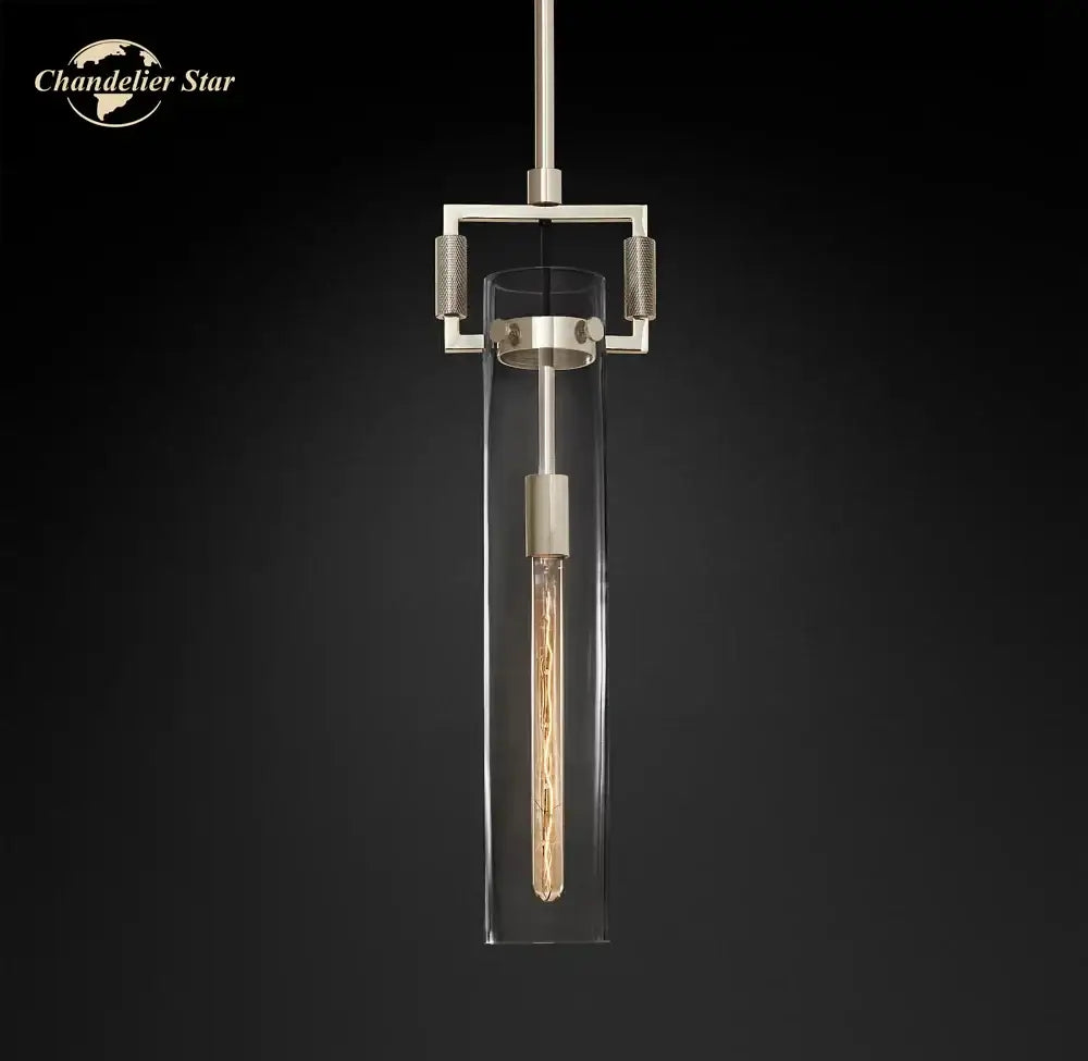 A modern pendant light with a brushed metallic frame and clear glass enclosure from decorbites led glass cylinder series