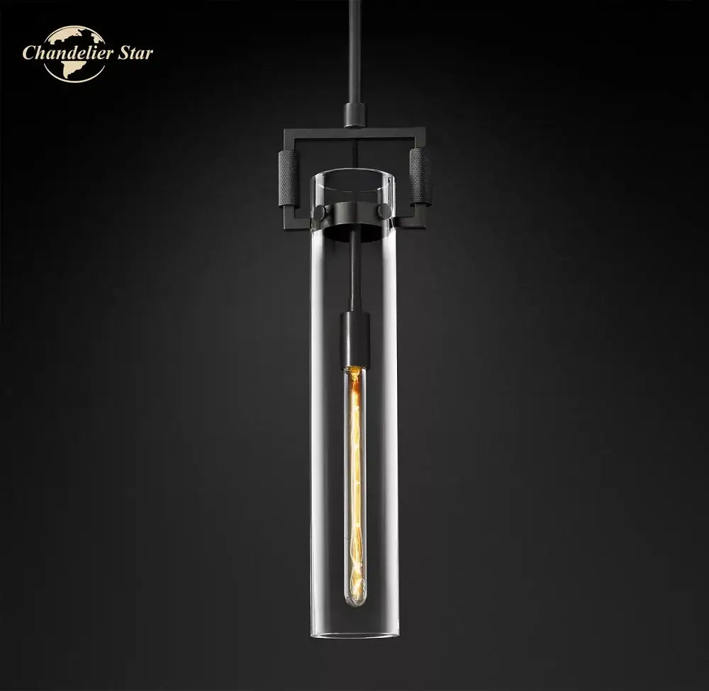 Black metal and clear glass DecorBites LED glass cylinder pendant lights with exposed filament bulb for modern kitchens