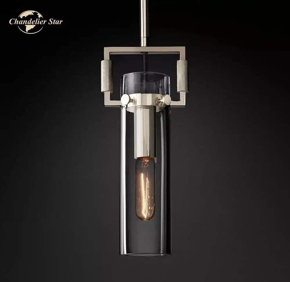 Modern industrial pendant lights with brushed nickel frame and clear glass cylinder by DecorBites LED glass for kitchens