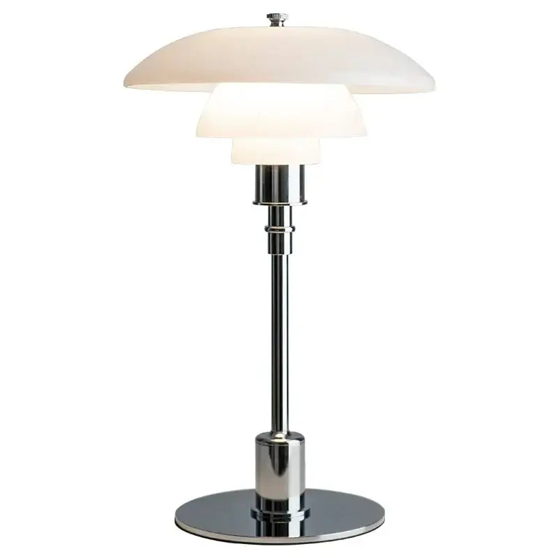 Chrome-finished DecorBites led glass desk lamp with three tiered frosted glass shades for living room and bedroom use