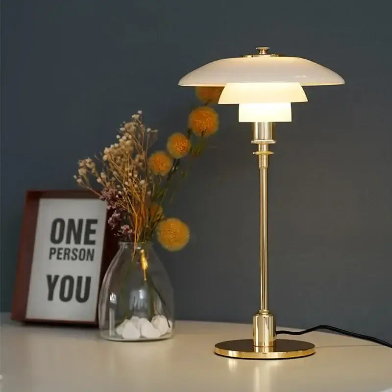 Gold-finished decorbites led glass desk lamp with layered translucent white glass shade for living room and bedroom