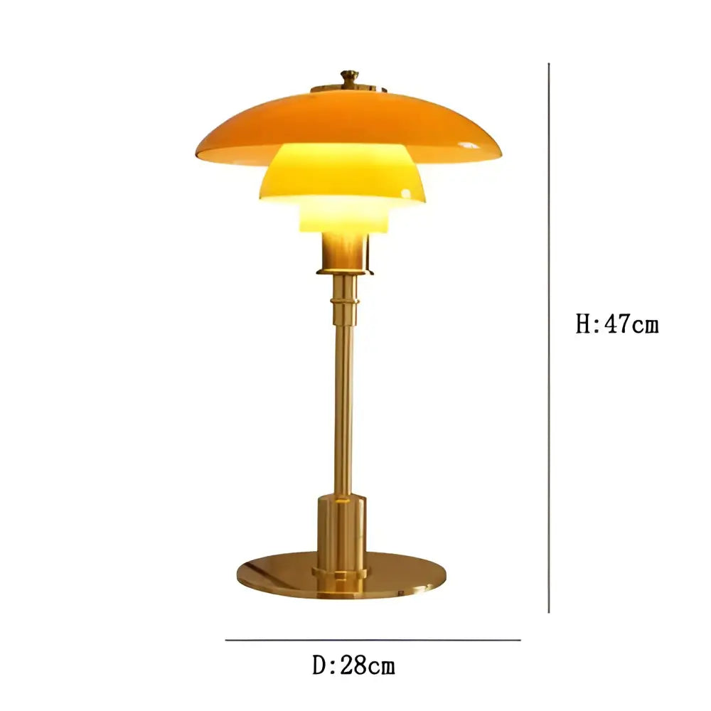 Decorbites led glass desk lamp with golden brass base and warm amber layered dome-shaped shade for living room and bedroom