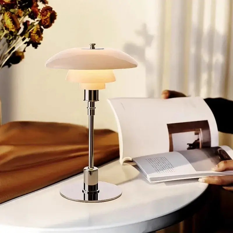 Decorbites led glass desk lamp with a layered translucent off-white shade and polished chrome base for living rooms and bedrooms