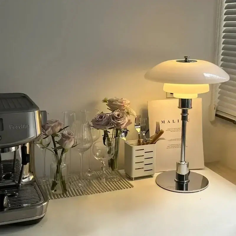 Decorbites led glass desk lamp with white ceramic shade and chrome base for living room and bedroom use