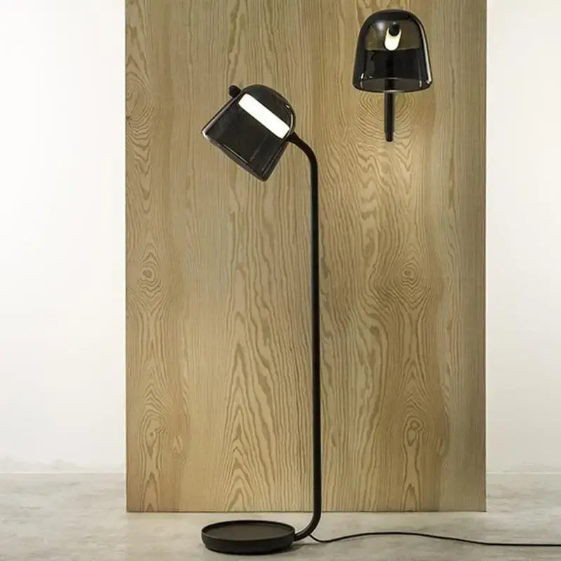 Black matte decorbites led glass floor lamp with curved stem and two glass shades for modern living rooms
