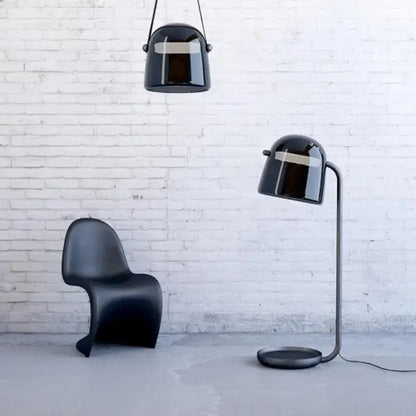 Black glossy glass pendant and decorbites led glass floor lamp with sleek curved metal stand for modern lighting
