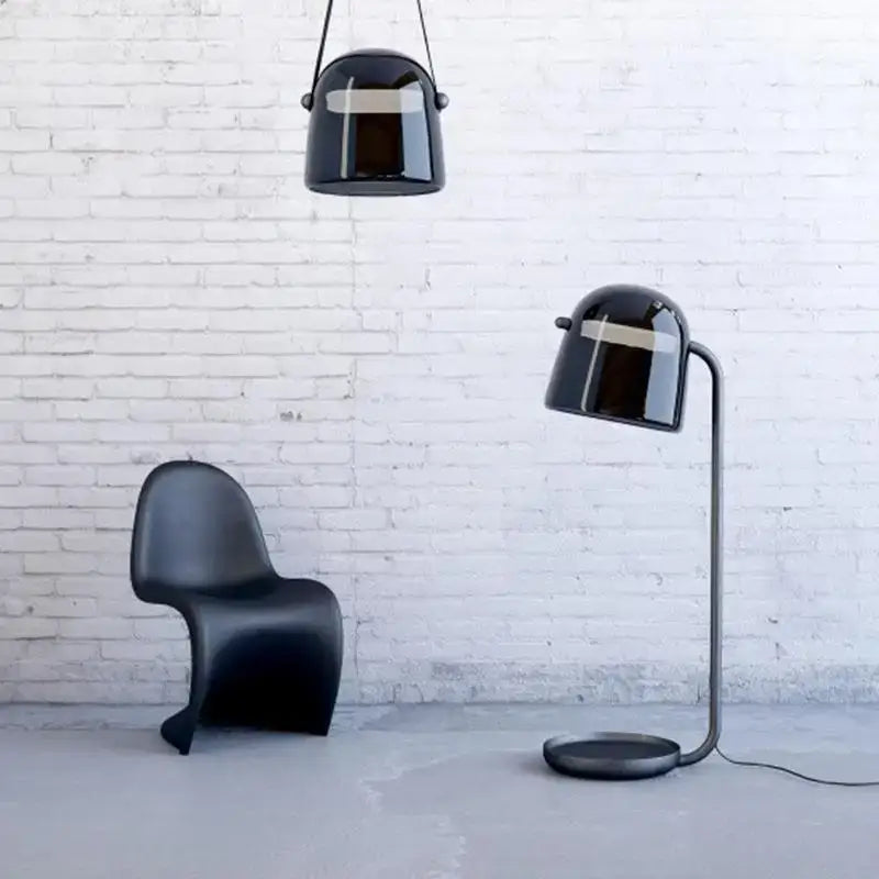Black glossy glass pendant and decorbites led glass floor lamp with sleek curved metal stand for modern lighting