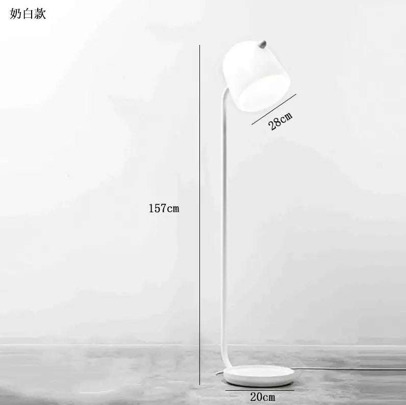 Minimalist white floor lamp with curved metal stand and frosted glass shade DecorBites LED glass floor lighting fixture
