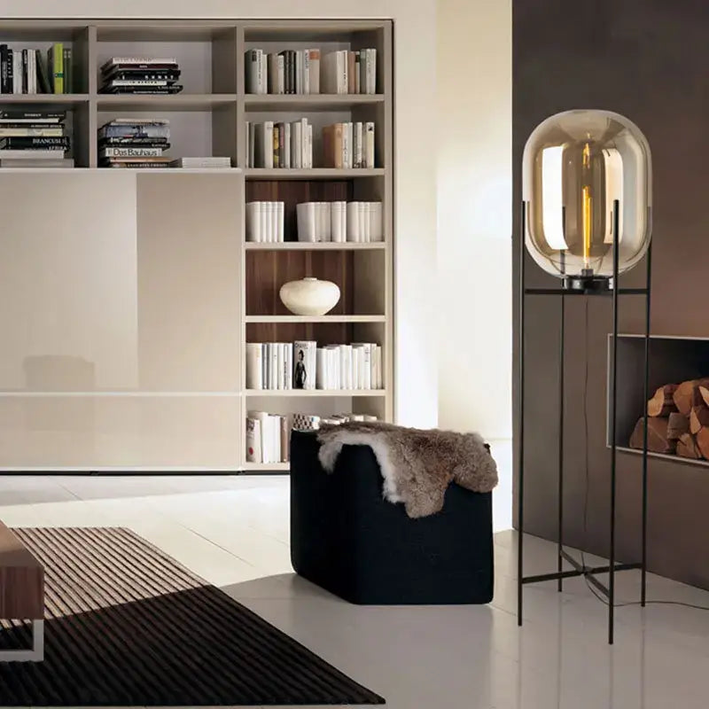 Modern minimalist decorbites led glass floor lamp with black metal frame and globe design for stylish lighting