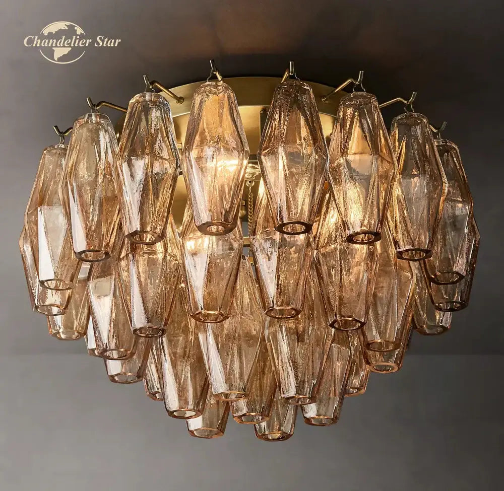 Golden-toned DecorBites LED glass flushmount ceiling lamp with faceted amber glass shades in a cascading tiered design