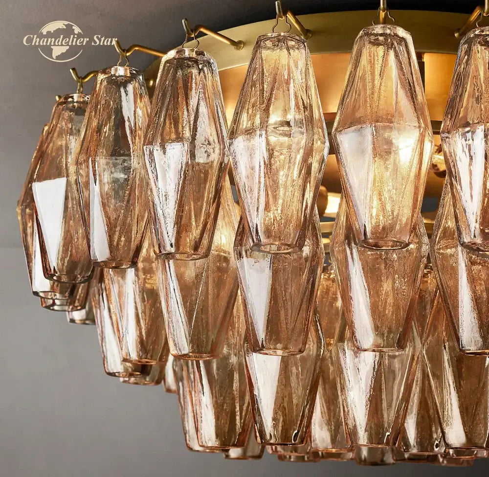 Modern decorbites led glass flushmount ceiling lamp with faceted amber glass shades and brass finish frame