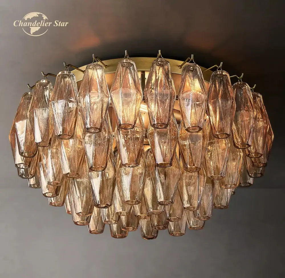 Decorbites led glass flushmount ceiling lamp with a warm-toned faceted glass shade and brass finish metal frame