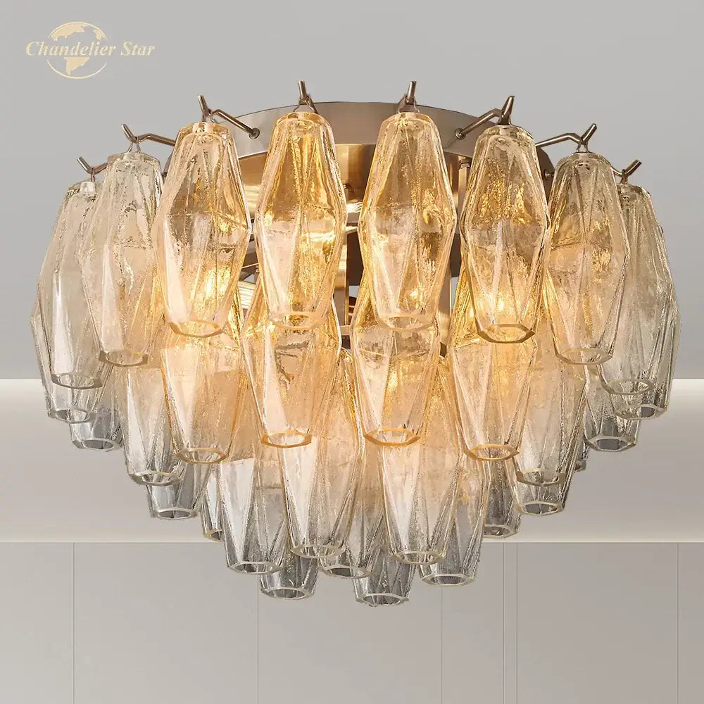 Golden-toned brass decorbites led glass flushmount ceiling lamp with faceted textured glass shades in a circular pattern
