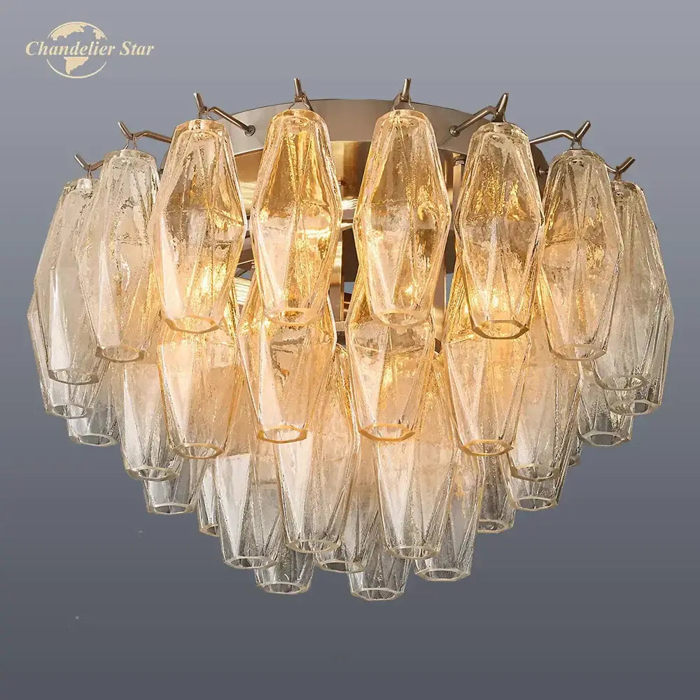 Brass-finished DecorBites LED glass flushmount ceiling lamp with faceted amber glass shades in a cascading cluster