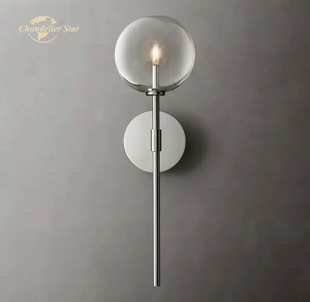 Modern minimalist DecorBites LED glass wall sconce with clear globe and chrome rod for bedroom and living room lighting