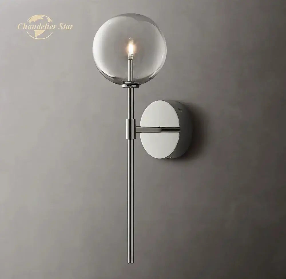 Decorbites led glass globe wall sconce with clear glass globe, chrome stem, and white circular backplate for indoor use